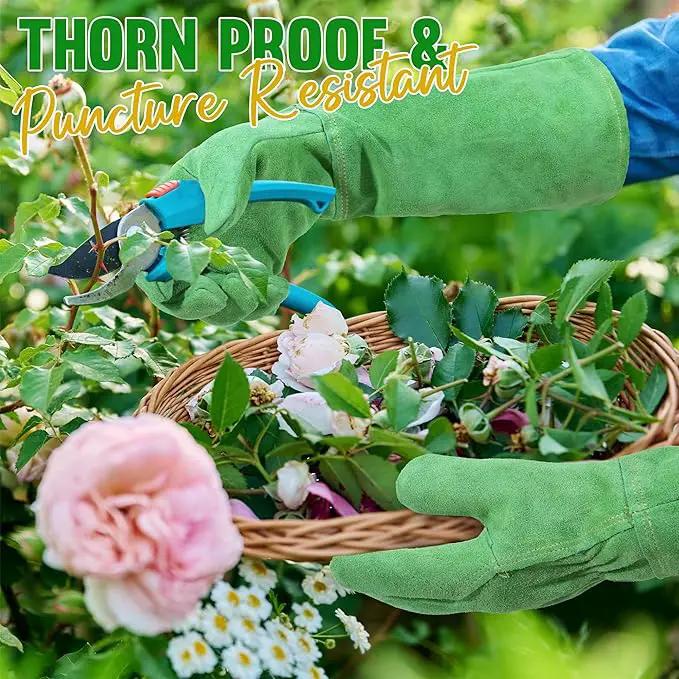 HANDLANDY Leather Gardening Gloves, Thorn Proof Long Gauntlet Heavy Duty Garden Gloves, Elbow Length Rose Pruning Weeding Yard Glove (X-Large, Green) by GreenHaven Gardens