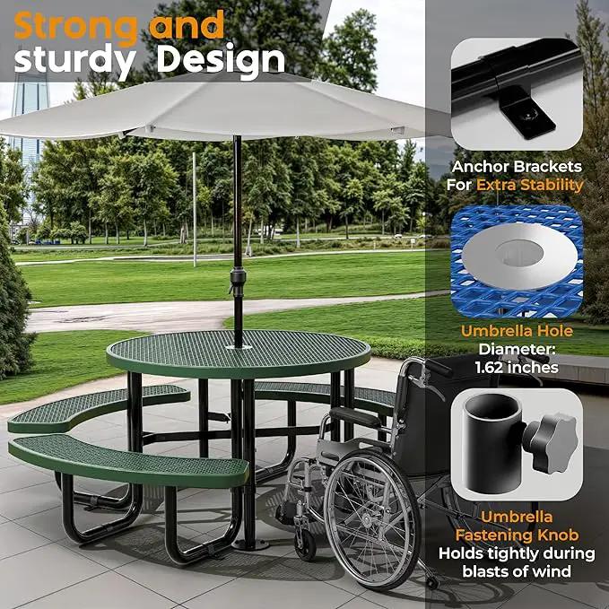 Metal Picnic Tables for Outdoors with Umbrella Hole - Coated Steel Heavy Duty Commercial Grade Table with Adjustable Seats (Green, 46 in, Round, Expanded Steel) by GreenHaven Gardens