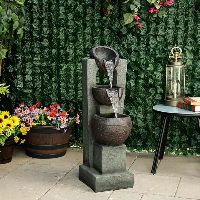 Alpine Corporation TZL400 34" 3 Tier Basin Cascading Fountain with LED Lights, Elegant Outdoor Water Feature for Garden, Patio, Yard & Outdoor Spaces, Relaxing Waterfall Fountain, Gray by GreenHaven Gardens