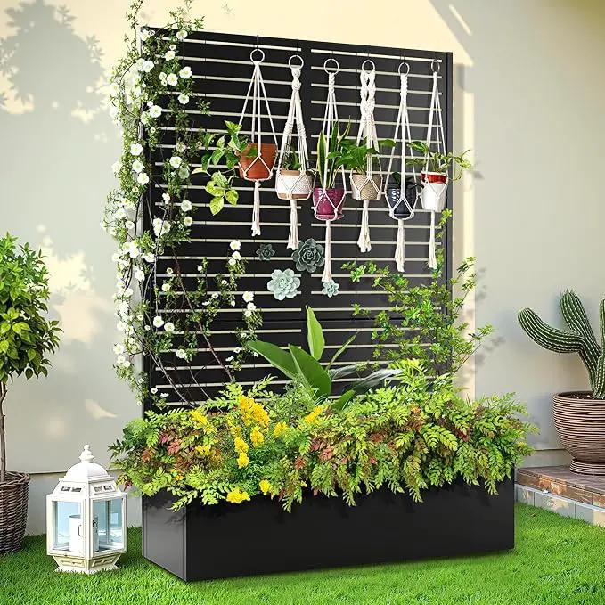 Trellis for Climbing Plants Outdoor，Mental Garden Bed with Drainage Holes Outdoor Privacy Screen Design Tall planters for herb Flower Vegetables 73"x47"x16", Black-Louvered by GreenHaven Gardens