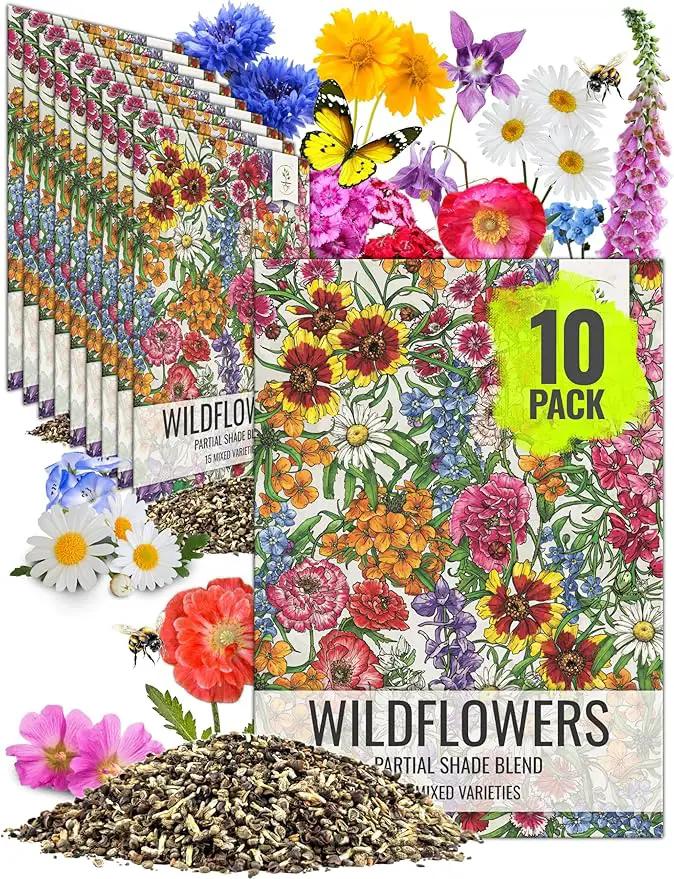 Seed Needs Partial Shade Wildflower Seed Mix for Planting | 10 Packs (1 Ounce Each) 14+ Varieties Open Pollinated Annual & Perennial Species | Flower Seeds Shade Tolerant | Bulk by GreenHaven Gardens