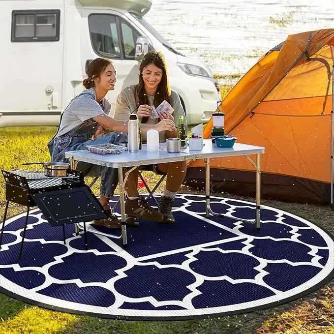 GENIMO 8' Round Outdoor Rug Waterproof for Patio Decor, Foldable Reversible Plastic Straw Area Rugs Mat for Rv, Outside Carpet for Camper, Deck, Picnic, Beach, Balcony, Camper, Blue & White by GreenHaven Gardens