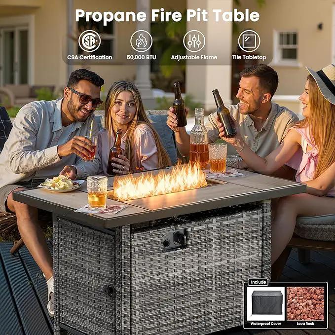 ovios 5 Pieces Patio Furniture Set with 42" Fire Pit Table, Outdoor Wicker Sofa with Loveseat, Comfy Cushions, High Back Couch Conversation Set, Grey Rattan, Grey by GreenHaven Gardens