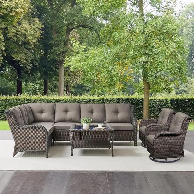Outdoor Furniture Sectional Sofa L Shaped Couch - Patio Wicker Set with Coffee Table, 3 Piece Rattan Patio Conversation Sets with Gray Cushion for Deck Backyard Sunroom by GreenHaven Gardens