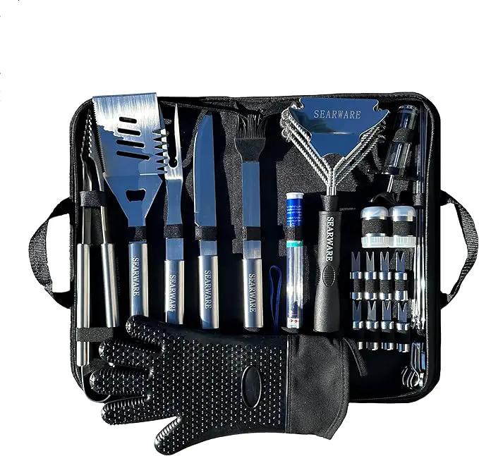 Barbecue Grill Tool Set - Stainless Steel - Strong Durable Design - Heat Resistant Glove & Bristle Free Grill Brush - Thermometer, Meat Injector, & Corn Skewers - Perfect For Smokers & Grills by GreenHaven Gardens