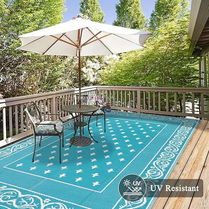 Pauwer Waterproof Outdoor Rug 9x12, Reversible Plastic Straw Patio Camping Rug, Indoor Outdoor RV Mat Carpet for Deck, Camper, Porch, Balcony, Backyard, Picnic, Bordered Teal by GreenHaven Gardens