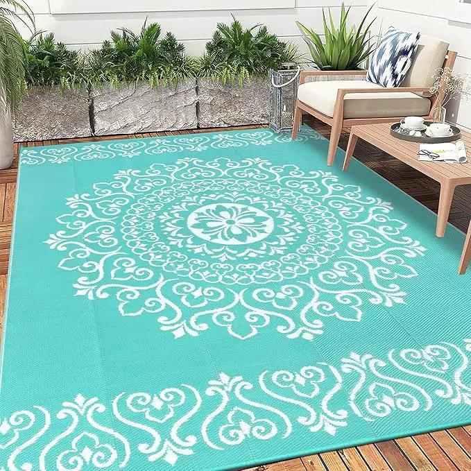 Pauwer Waterproof Outdoor Rug 8x10, Reversible Plastic Straw Patio Camping Rug, Indoor Outdoor RV Mat Carpet for Deck, Camper, Porch, Balcony, Backyard, Picnic, Floral Light Blue by GreenHaven Gardens