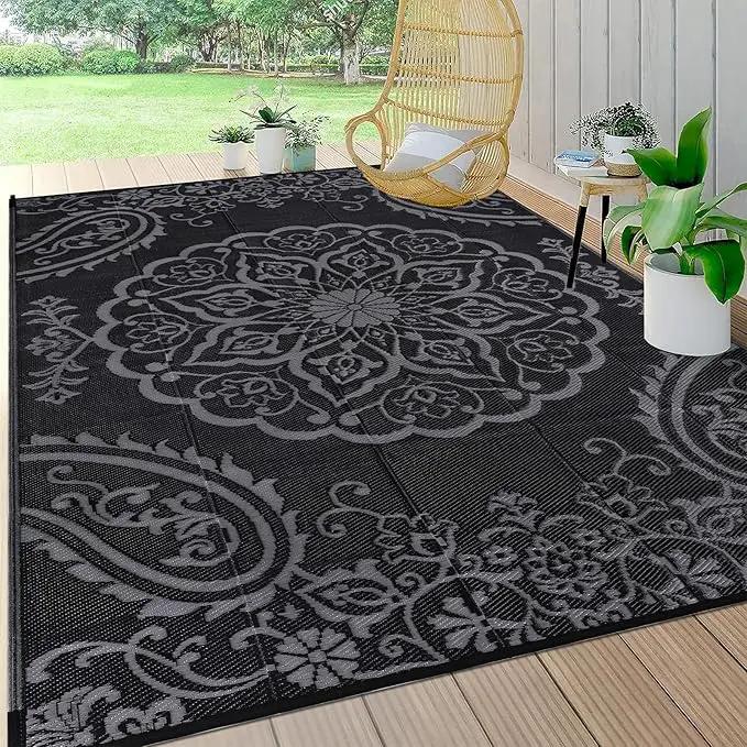 Pauwer Waterproof Outdoor Rug 6x9, Reversible Plastic Straw Patio Camping Rug, Indoor Outdoor RV Mat Carpet for Deck, Camper, Porch, Balcony, Backyard, Picnic, Boho Black Grey by GreenHaven Gardens