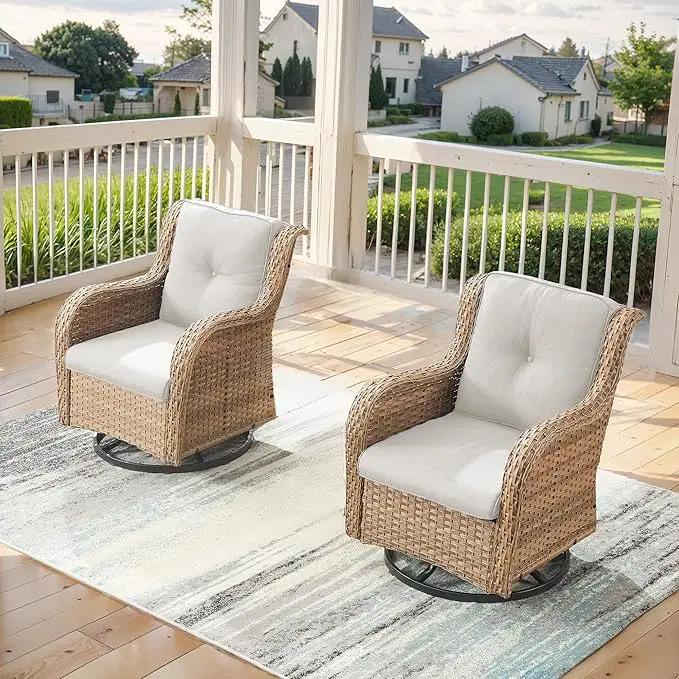 Outdoor Swivel Rocker Patio Chairs - 360 Degree Swivel Glider Seating 350LBS Weight Capacity Wicker Rocking Chairs Set of 2 with Removable Cushion for Porch Balcony Deck, Yellow/Beige by GreenHaven Gardens