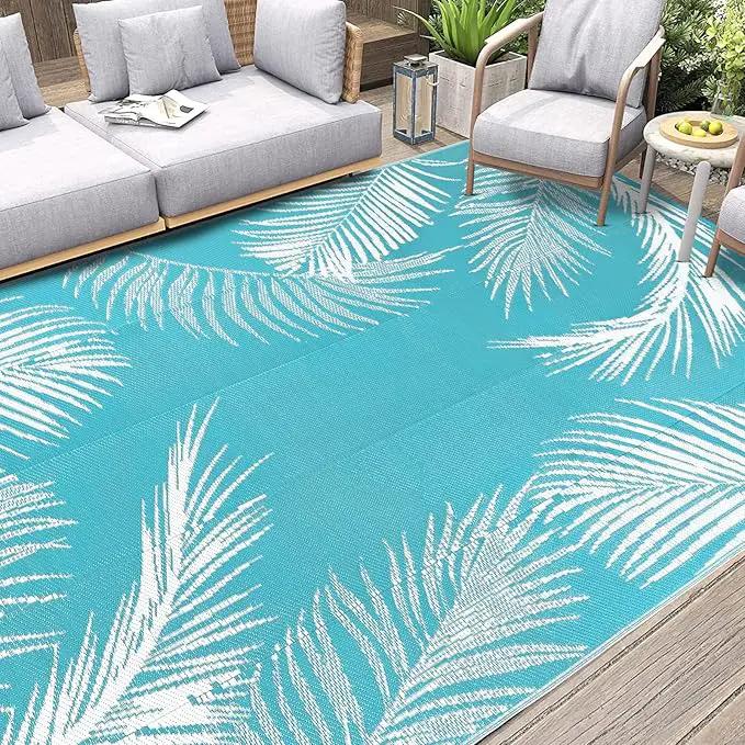 Pauwer Waterproof Outdoor Rug 9x12, Reversible Plastic Straw Patio Camping Rug, Indoor Outdoor RV Mat Carpet for Deck, Camper, Porch, Balcony, Backyard, Picnic, Leaf Teal by GreenHaven Gardens
