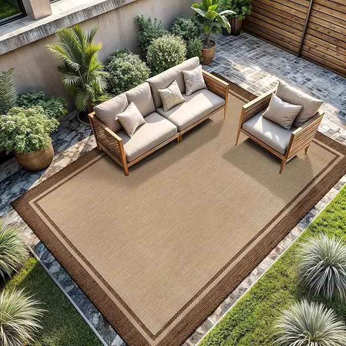 CAMILSON Indoor Outdoor Rug, 10x14 Bordered Natural Brown Modern Large Area Rugs for Indoor and Outdoor Patios, Kitchen and Hallway Mats, Washable Porch Deck Outside Carpet (Jute, 10 x 14) by GreenHaven Gardens