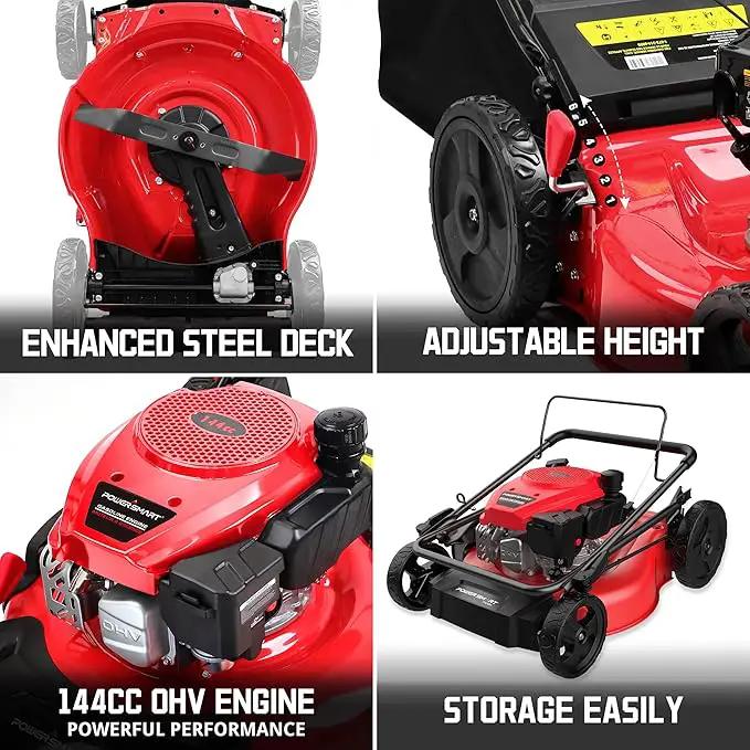 PowerSmart 21-Inch 144cc Gas Push Lawn Mower & 16-Inch 25.4cc String Trimmer/Edger with 10-Inch Brush Cutter for Grass Cutting by GreenHaven Gardens