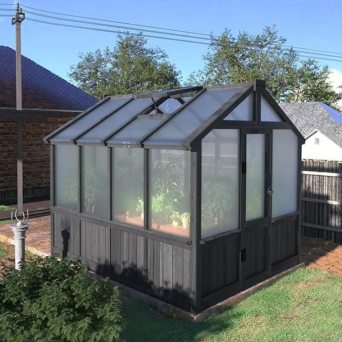 6x8 FT Greenhouse Kit for Outdoor, Thickened Polycarbonate Panel Wooden Walk-in Green House with Lockable Door and Adjustable Roof Vent, Backyard Garden, Black by GreenHaven Gardens