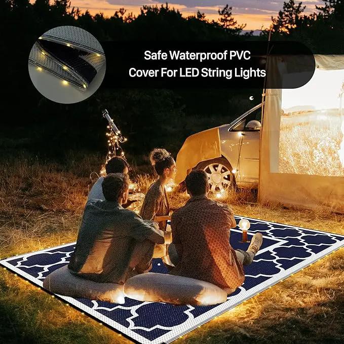 GENIMO 6' x 9' Outdoor Rug Waterproof for Patio Decor, Foldable Reversible Plastic Straw Area Rugs Mat with String Light, Led Carpet for Camper, Rv, Deck, Porch, Picnic, Beach, Balcony, Blue & White by GreenHaven Gardens