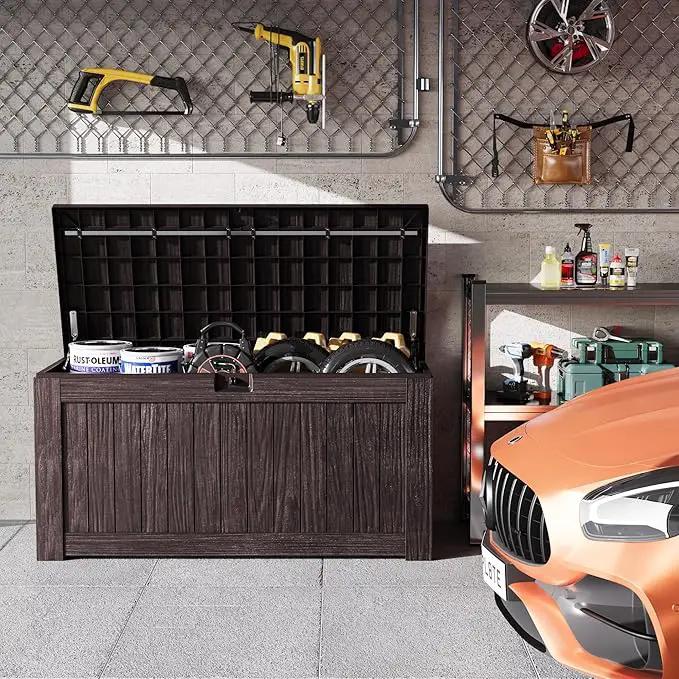Greesum 120 Gallon Outdoor Storage Box with Lock - Large Resin Deck Box, Reinforced Lid for Garden, Patio, Lawn, Brown by GreenHaven Gardens