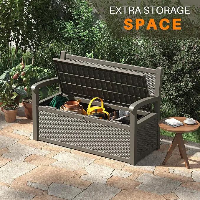 80 Gallon Outdoor Storage Box, Resin Patio Furniture with Armrest, Lockable Deck Box with Waterproof and UV Resistant for Patio Cushions, Garden Tools and Pool Supplies, Grey by GreenHaven Gardens