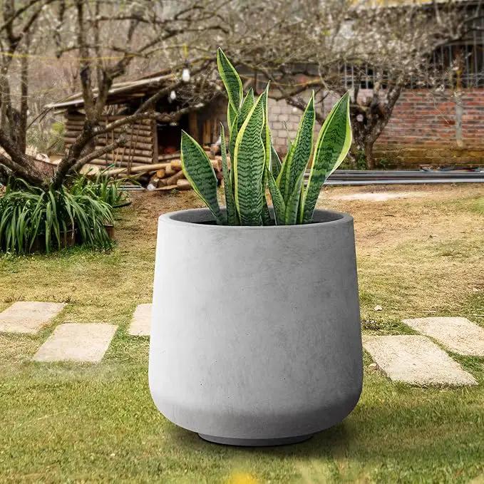 Kante 15.3" Dia Round Concrete Planter, Outdoor Indoor Large Plant Pots Containers with Drainage Hole and Rubber Plug for Home Garden Patio, Natural Concrete by GreenHaven Gardens
