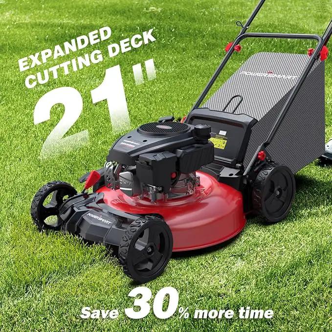 PowerSmart Lawn Mower Gas Powered, 21-Inch 144cc Engine 3-in-1 Walk-Behind Push Lawn Mower, Oil Included by GreenHaven Gardens