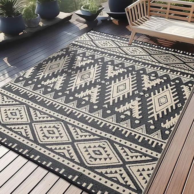 OLANLY Outdoor Rug Waterproof 6x9 ft, Reversible Outdoor Plastic Straw Rug, Boho Patio Rug, Indoor Outdoor Carpet, RV Mat Outside for Patio, Camp, Picnic, Balcony, Deck, Backyard, Black & Beige by GreenHaven Gardens