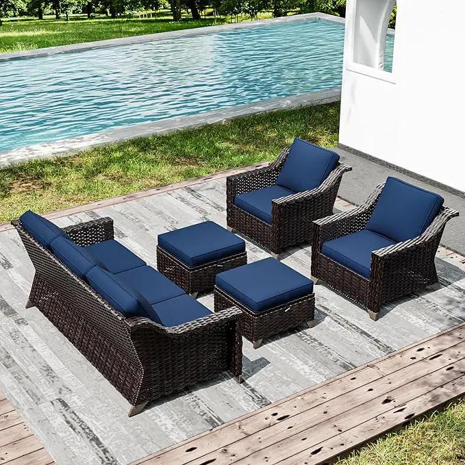 Joyside Wicker Patio Furniture Sets, 5 Pieces Upgraded Large Size Outdoor Furniture with Patio Dining Chairs, 3-Seat Sofa and Outdoor Ottoman, Thick Cushions, Wide Armrest by GreenHaven Gardens
