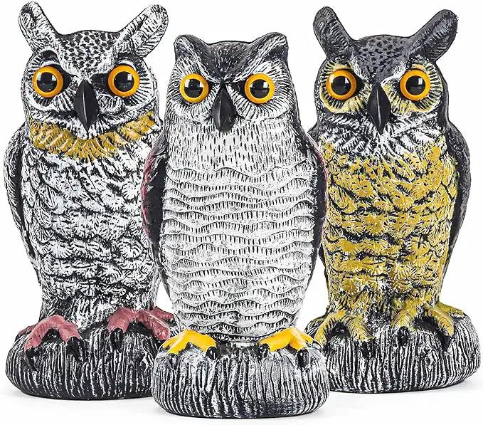 3 Pack Fake Owl Decoy to Keep Birds Away - Plastic Horned Owl Statues Bird Scarecrow Deterrents for Pigeon Hawk Squirrels Woodpecker, Halloween Decoration, Bird Scare Devices for Garden Outdoor Yard by GreenHaven Gardens