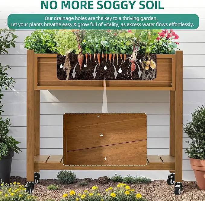 YITAHOME Raised Garden Bed, HIPS Poly Wood Elevated Planter Box with Shelf & Wheels for Mobility, Small Flower Box Stand for Patio Balcony Garden Backyard, Teak by GreenHaven Gardens