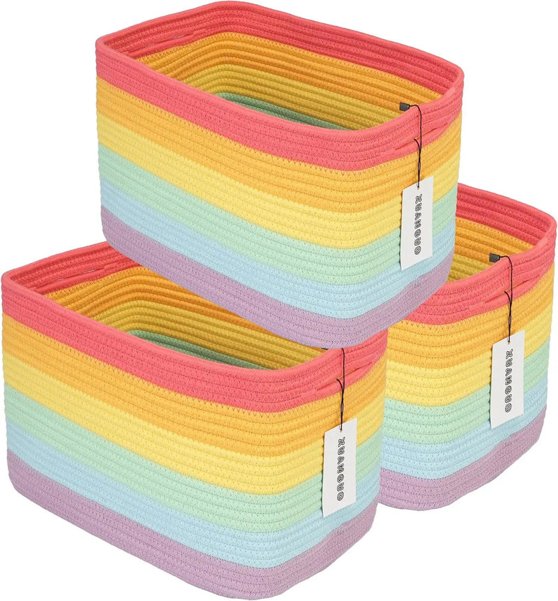 3-Pack Rainbow Storage Baskets 14.5X9.5X9.3“ – Woven Toy Organizer Bins for Kids, Baby Room, Nursery, and Classroom – Cute Square Rope Baskets for Shelves and Organization Rainbow by GreenHaven Gardens