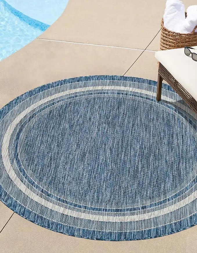 Unique Loom Outdoor Border Collection Area Rug - Soft Border (5' Round Blue/Ivory) by GreenHaven Gardens