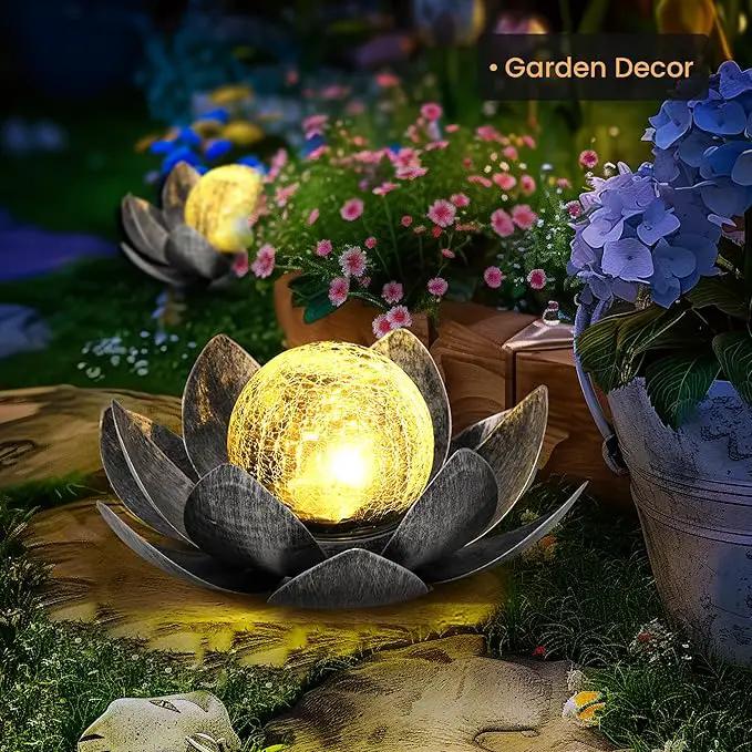 GIGALUMI Solar Light Outdoor Garden Decor, Lotus Flower Light Crackle Globe Glass Lantern Outdoor Table Decor Waterproof for Patio, Lawn, Pathway, Pool, Pond (Grey Petal) by GreenHaven Gardens
