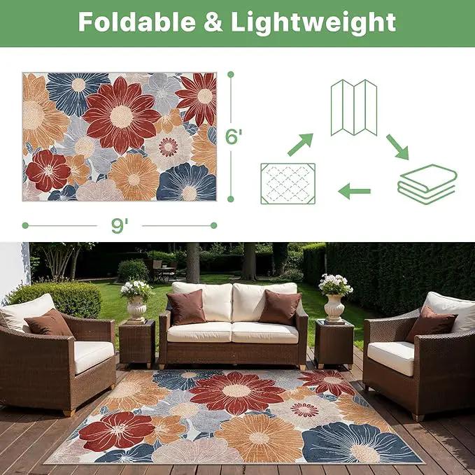 GENIMO Indoor Outdoor Area Rug 6' X 9' Waterproof, Washable Patio Rug Non Shedding, Easy Cleaning Floral Outdoor Carpet for Living Room, Bedroom, Dining Room, Balcony, Backyard, Deck, RV, Red Blue by GreenHaven Gardens