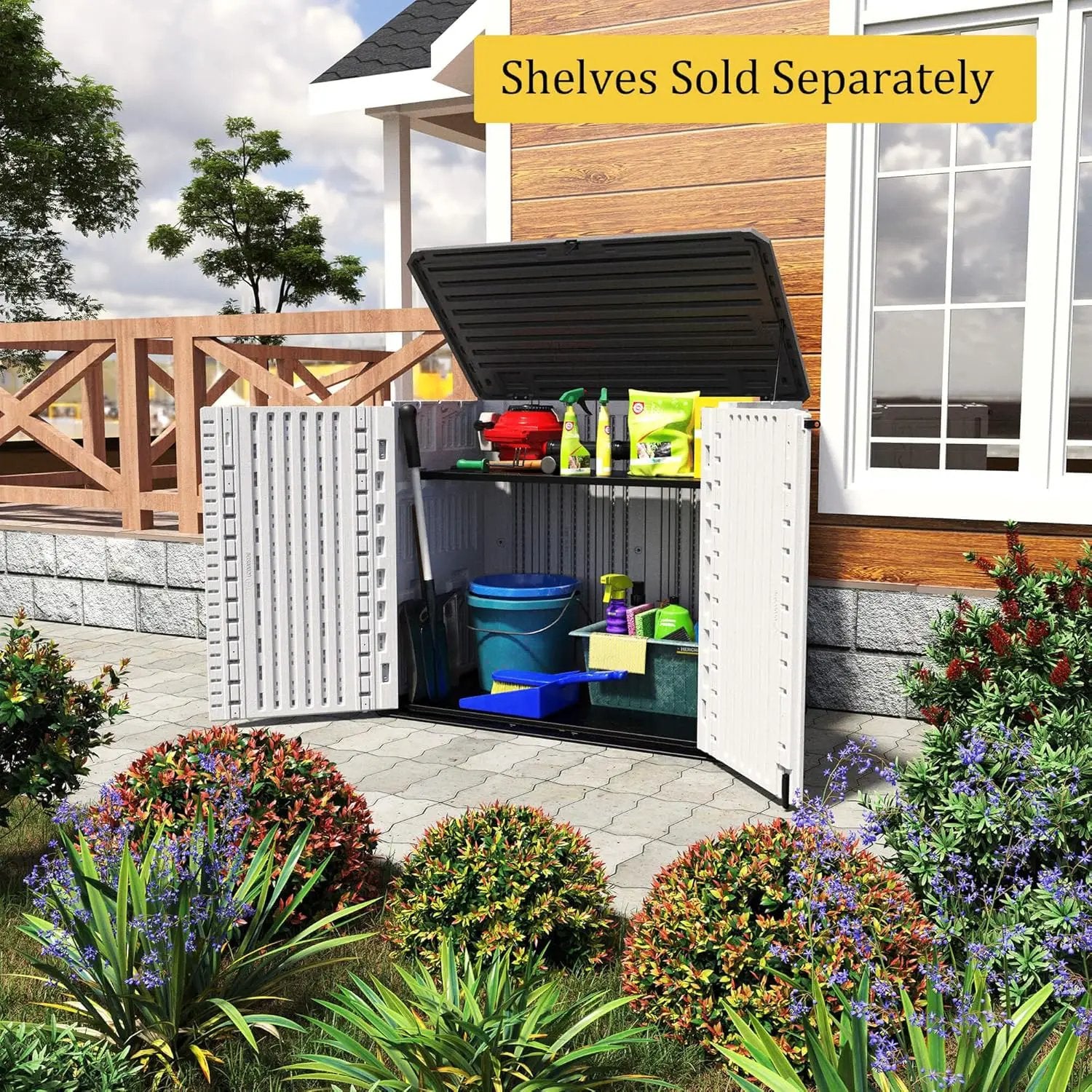 HOMSPARK Storage Shed Weather Resistance, Multi-Purpose Outdoor Storage Cabinet Waterproof, Outdoor Storage Cabinet for Garbage Cans, Lawnmower, Garden Accessories (Off White, Standard-26 cu ft) by GreenHaven Gardens