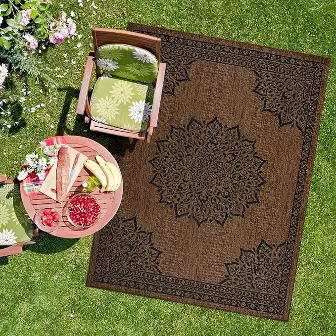 CAMILSON Outdoor Rug 8x10 Medallion Nut Brown Black Modern Area Rugs for Indoor and Outdoor Patios, Kitchen and Hallway Rug, Washable Porch Deck Outside Carpet (8 x 10) by GreenHaven Gardens