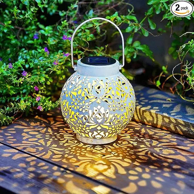 Set of 2 Outdoor Solar Hanging Lantern Lights Metal LED Decorative Lamp for Garden Patio Courtyard Lawn and Table with Hollowed-Out Design (White) by GreenHaven Gardens