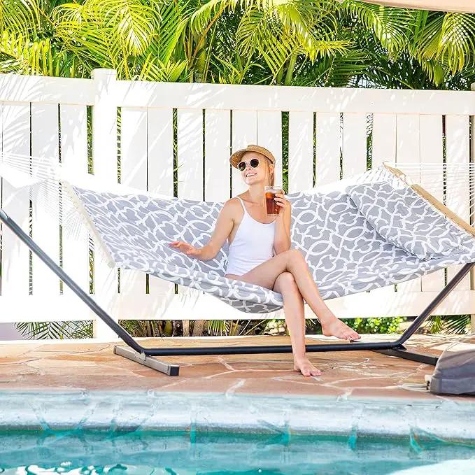 SUNCREAT 55 Inch Extra Large Double Hammock with Stand, 475lbs Capacity, Outdoor Portable Hammock with Hardwood Spreader Bar, Extra Large Pillow, Grey