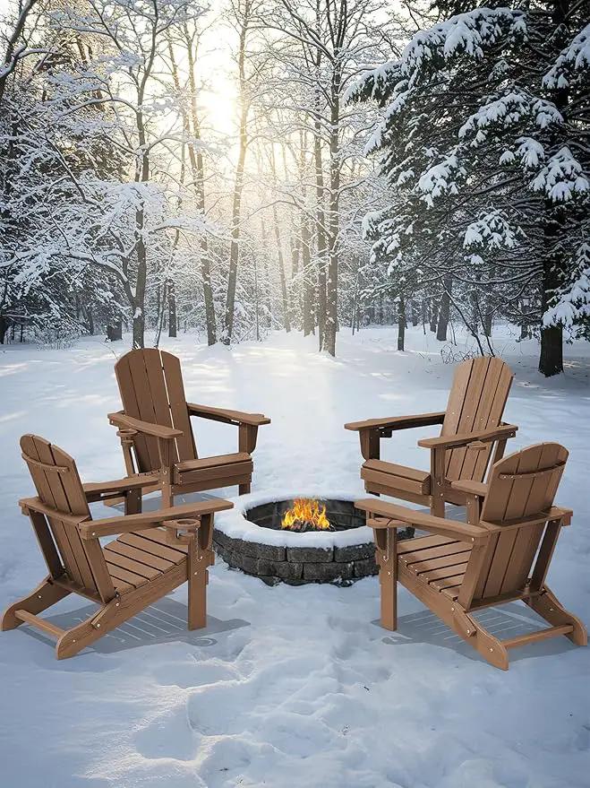 KINGYES Folding Adirondack Chair Set of 4, Dual Cup Holders & All-Weather HDPE, Wood-Like Patio Chair for Backyard, Camping, Pool & Fire Pit, Brown by GreenHaven Gardens