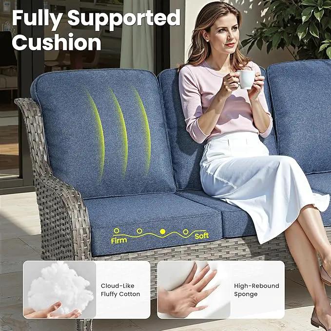 ovios 6 Pieces Patio Furniture Set, Outdoor Wicker Sofas with Glass Coffee Table and Comfy Cushions, All Weather High Back Couch Set for Deck Porch, Grey Rattan, Denim Blue by GreenHaven Gardens