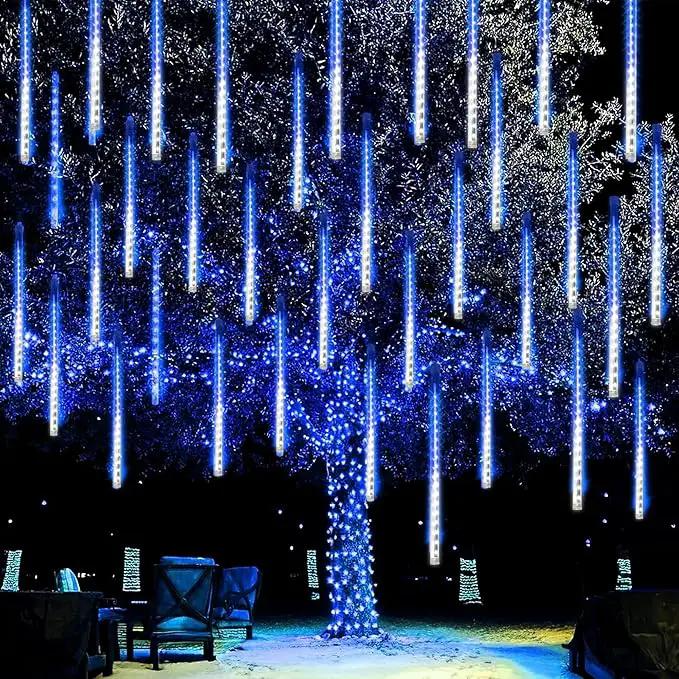 Dazzle Bright 288 LED Christmas Light, 11.8 Inch Meteor Shower Rain Lights with 8 Tubes，Waterproof Plug in Falling Rain Lights Christmas Decorations for Xmas Bushes Tree Yard Party, Blue and White by GreenHaven Gardens