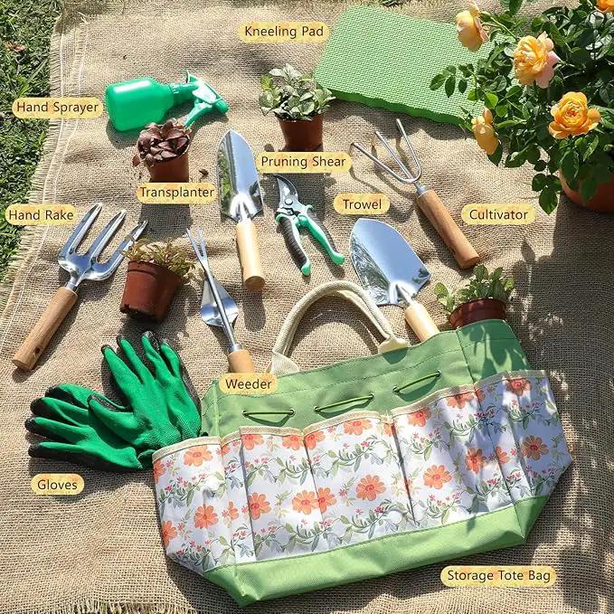 LeMotech Gardening Tools, 10-Piece Heavy Duty Garden Hand Tools Set with Wooden Handle, Durable Fashion Organizer Bag for Garden Supplies, Gardening Gifts for Women Grandmother, Yellow Floral Pattern by GreenHaven Gardens