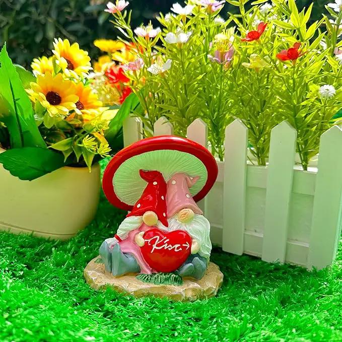 Garden Pink Tiny Gnome Couple Statue with Red Heart Mushroom Funny Outdoor Resin Figurines Home Decorations Valentine’s Day Housewarming Ornament Gift by GreenHaven Gardens