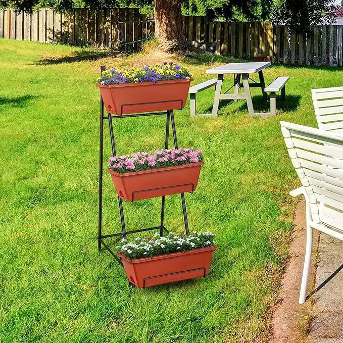 Vertical Raised Garden Bed Outdoor 3 Tiered Garden Planters Standing Elevated Planter Box with Drainage Holes for Plants Herbs Flowers Vegetables Brick Red by GreenHaven Gardens