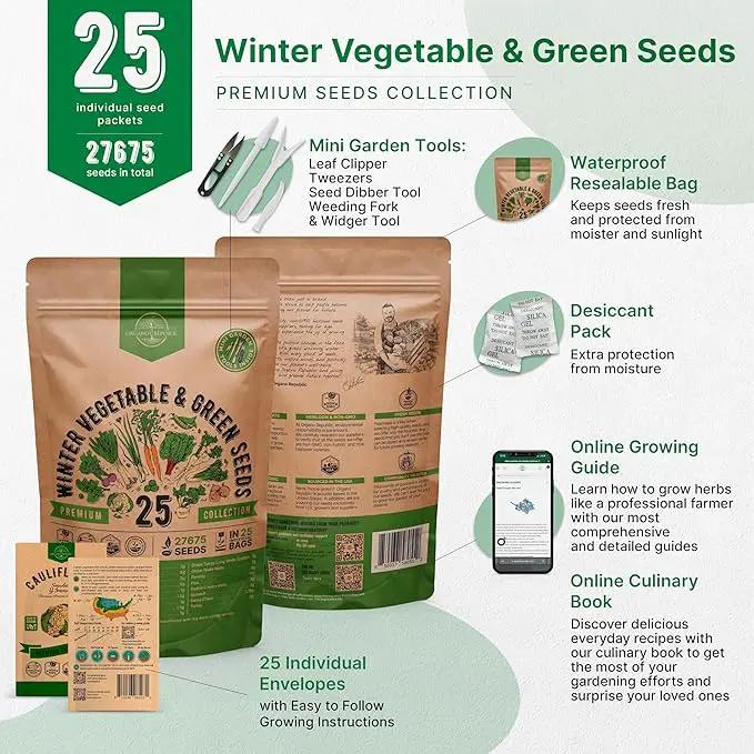 Organo Republic 25 Winter Vegetable Garden Seeds Variety Pack for Outdoors & Indoor Home Gardening 6500+ Non-GMO Heirloom Seeds: Broccoli Beet Carrot Collard Lettuce Radish Spinach Pea Kohlrabi by GreenHaven Gardens