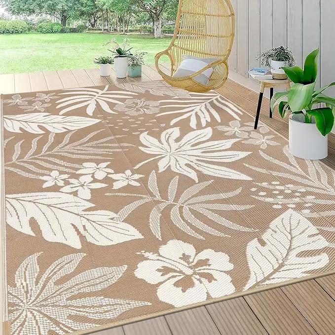 Pauwer Waterproof Outdoor Rug 6x9, Reversible Plastic Straw Patio Camping Rug, Indoor Outdoor RV Mat Carpet for Deck, Camper, Porch, Balcony, Backyard, Picnic, Floral Brown by GreenHaven Gardens