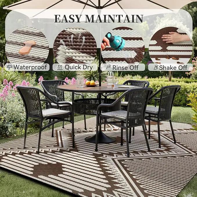 MontVoo Outdoor Rug 8x10 Waterproof Patio Rug-Outdoor Carpet Mat Reversible Plastic Straw Outside Outdoor Rug for RV Camping Picnic Balcony Backyard Pool Deck Porch Modern Boho Beige Brown by GreenHaven Gardens