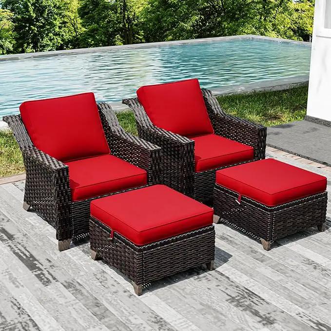 Joyside Wicker Patio Furniture Sets, 4 Pieces Upgraded Large Size Outdoor Furniture with Patio Dining Chairs and Outdoor Ottoman, Thick Cushions, Wide Armrest by GreenHaven Gardens
