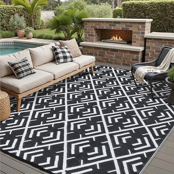 RV Outdoor Rug Waterproof Mat Outdoor Rugs 9'x12' for Patios Clearance Carpet Outdoor Camping Rugs Large Plastic Straw Rug(8x10ft Geometric Black&White) by GreenHaven Gardens