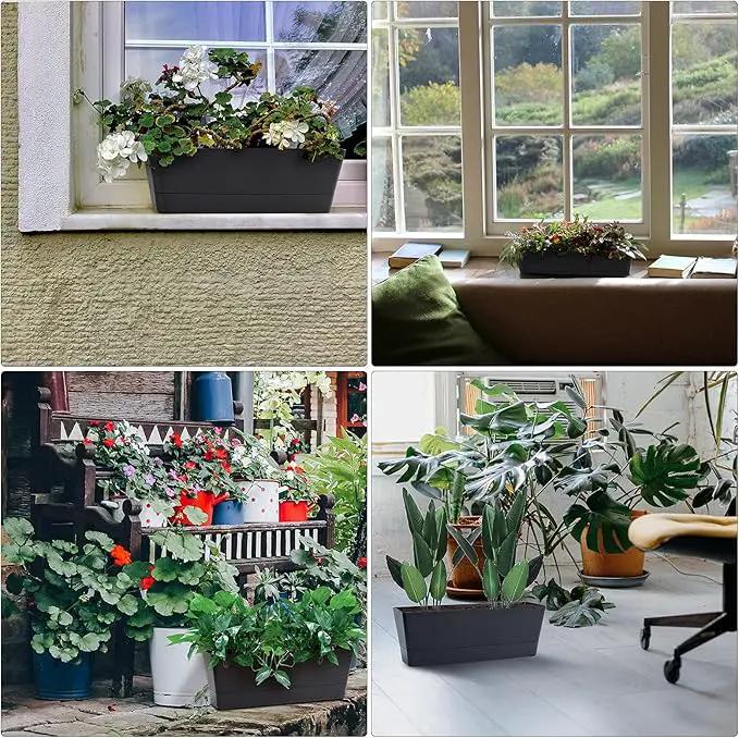 GREANER Black Rectangle Window Boxes, 3 Pack 12x3.8 Inch Herb Planters with Tray, Indoor Succulent Cactus Mint Plastic Pot for Windowsill, Garden Balcony, Office Outdoor Decoration by GreenHaven Gardens