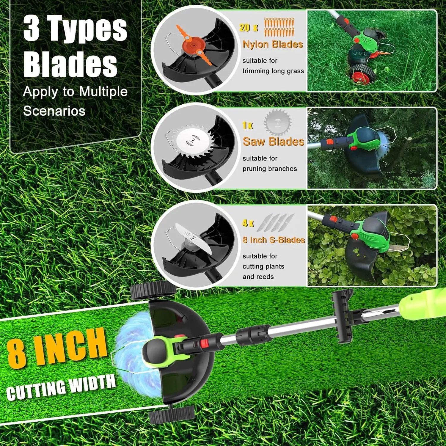 Cordless Electric Weed Wacker Battery Powered, 21v Lightweight Weed Trimmer Eater With 2 4.0Ah Battery Operated & Charger & Wheels & Shears, 3 In1 Grass Trimmer/Brush Cutter/Lawn Edger for Yard Garden by GreenHaven Gardens