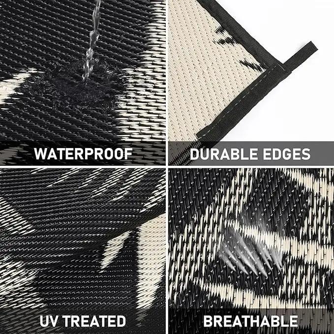 Outdoor Rug Waterproof for Patios Clearance, Reversible Outdoor Plastic Straw Rug Camping Carpet, Outside Floor Mats Large Area Rugs for RV,Patio,Deck,Porch,Beach, Balcony，8'x10',Black&Beige by GreenHaven Gardens