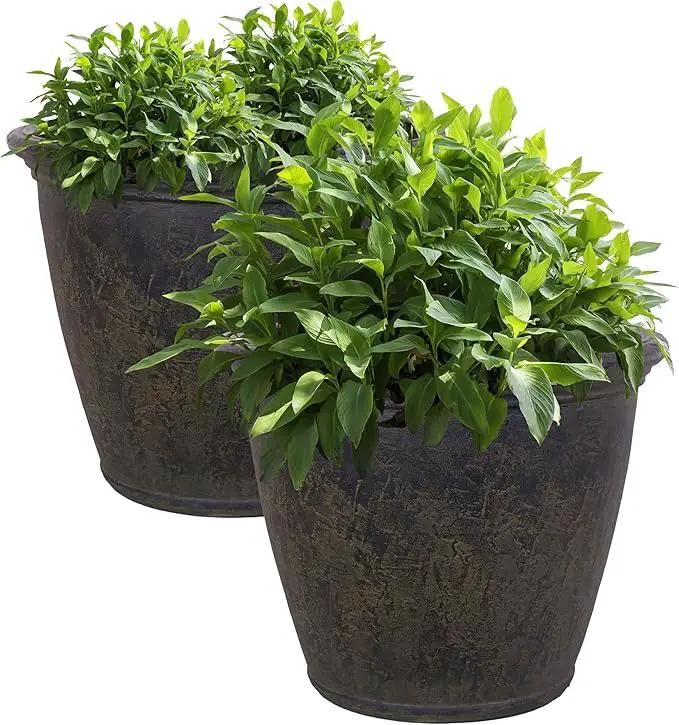 Sunnydaze 24-Inch Anjelica Large Plastic Pot for Plants - Outdoor Polyresin Round Planter with Drillable Drainage Holes - Sable - 2pk by GreenHaven Gardens