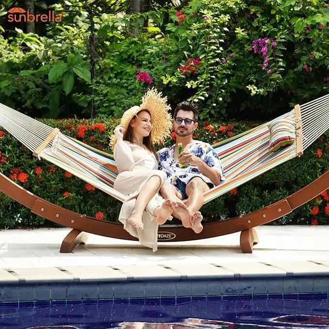 Lazy Daze 12 FT Sunbrella Fabric Hammock with Spreader Bars and Free Pillow Fits for Two Persons, All Weather and Fade Resistant for Patio Yard, 450 lbs Weight Capacity, Carousel Confetti by GreenHaven Gardens